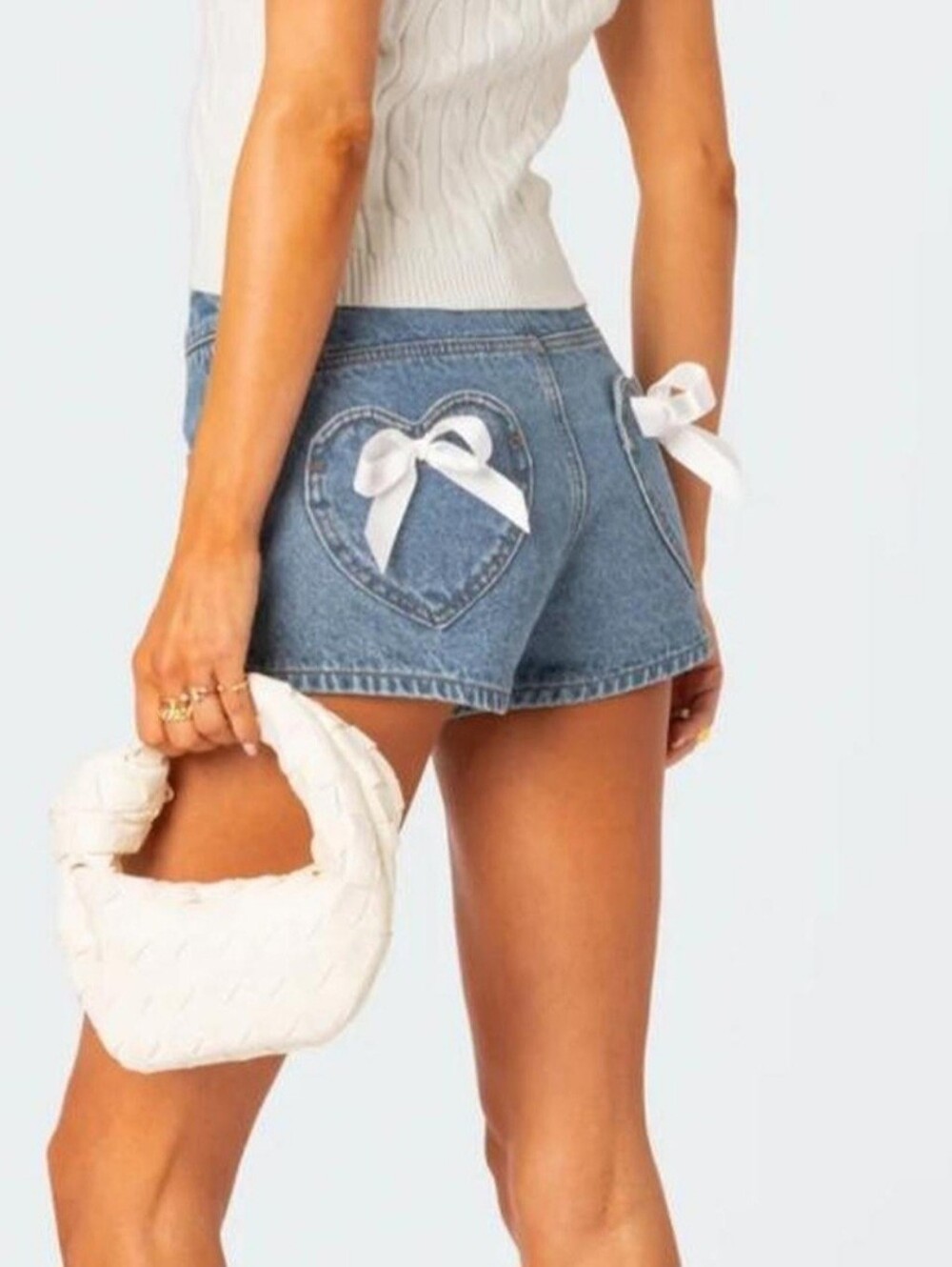NWT NEW Edikted Blue Denim Shorts with White Bows SMALL XS